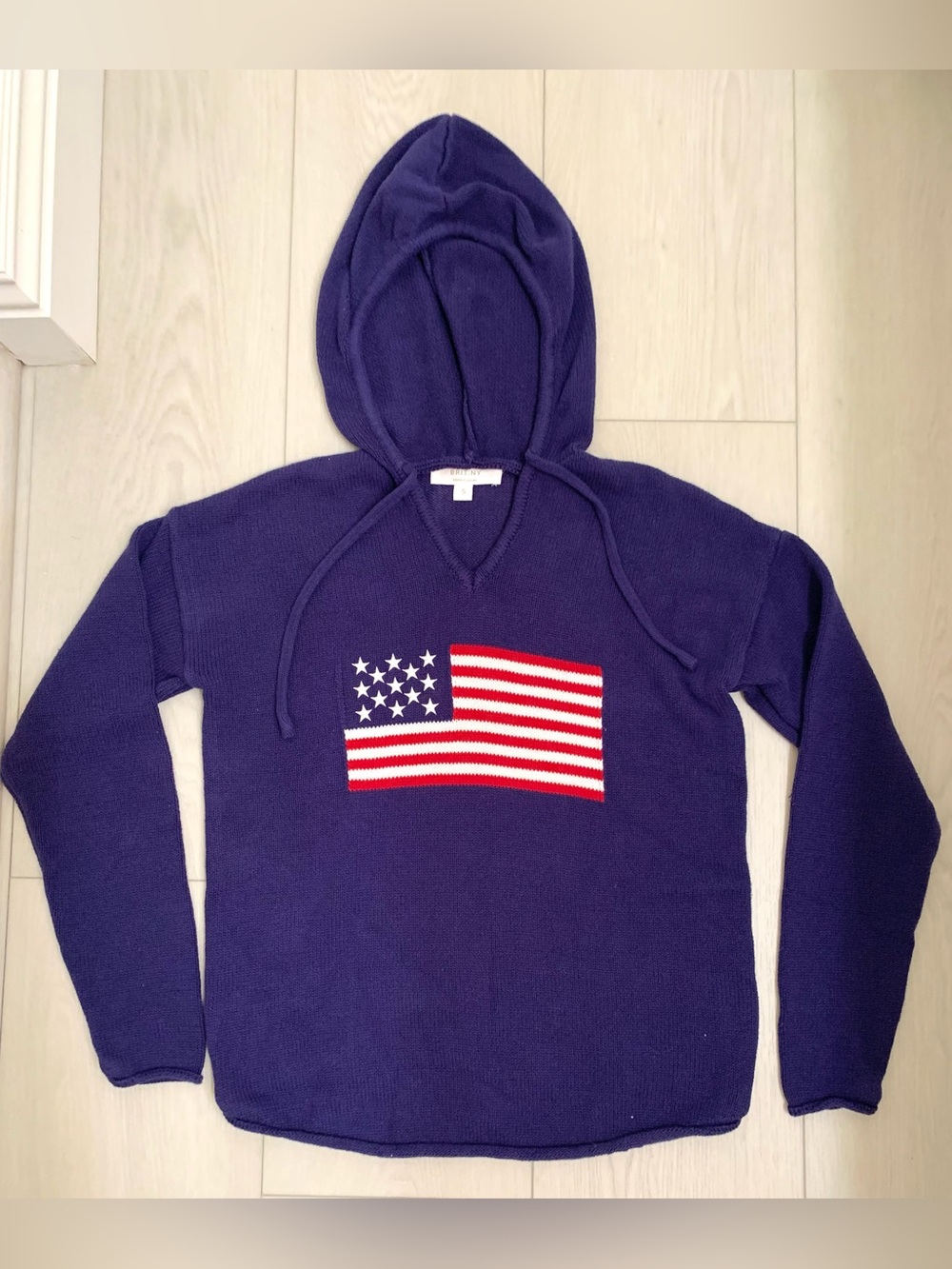 BRIT.NY Women’s V-Neck Knit Flag Hoodie, Navy, Small